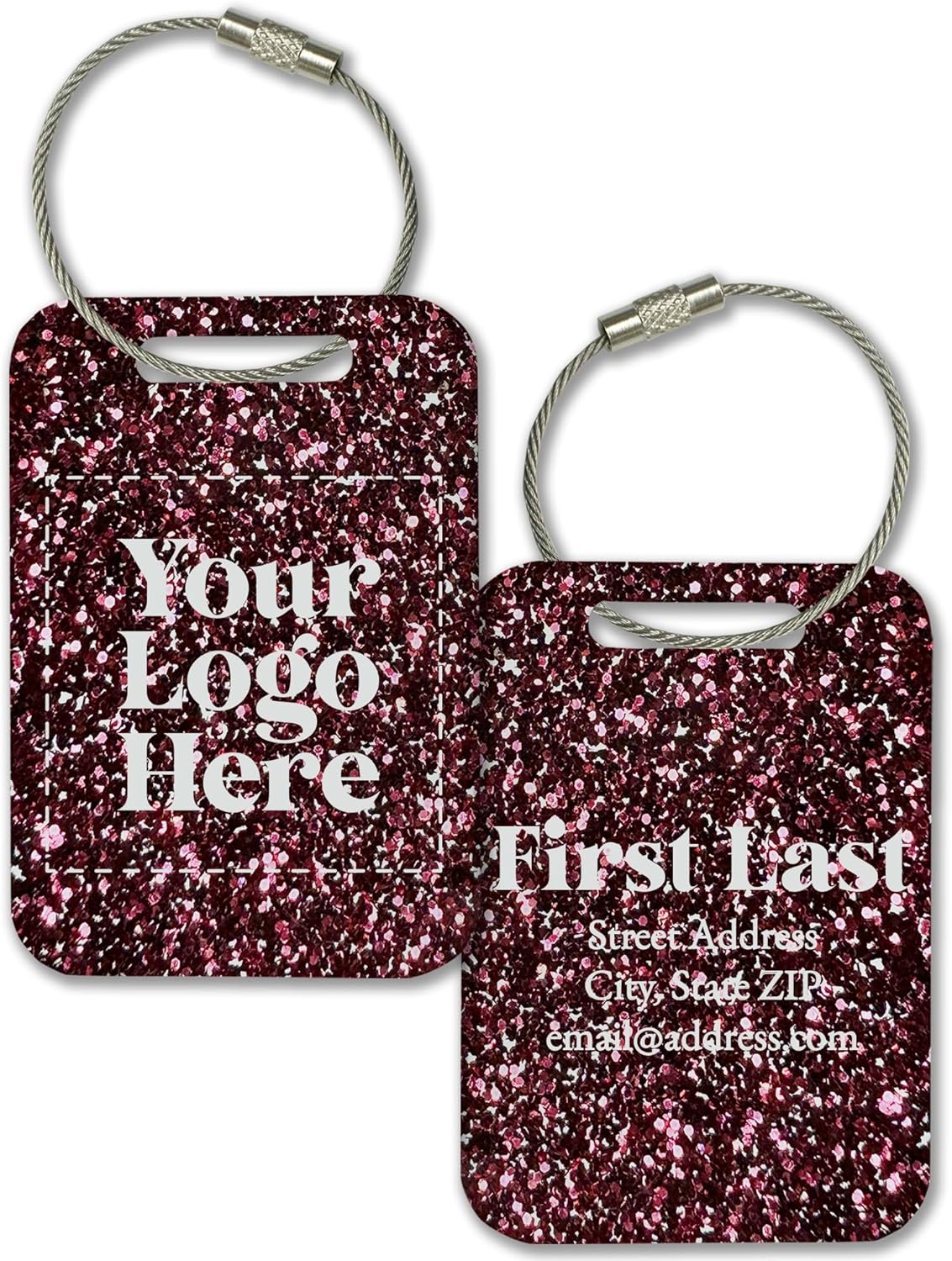 Personalized Logo Name Tag for Luggage (3 or 6 Count Pack) | Custom Tag for Suitcase | Acrylic Name Tag for Travel | Choose Your Font & Color | Backpack ID Label (Logo, Magenta Glitter)