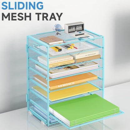 2 Pack 8 Tier Paper Organizer with Handle, Metal Mesh Desk File Organizer, Large Capacity Desk Organizers Paper Letter Tray Desktop Document Sorter for Office, Home or School - Blue