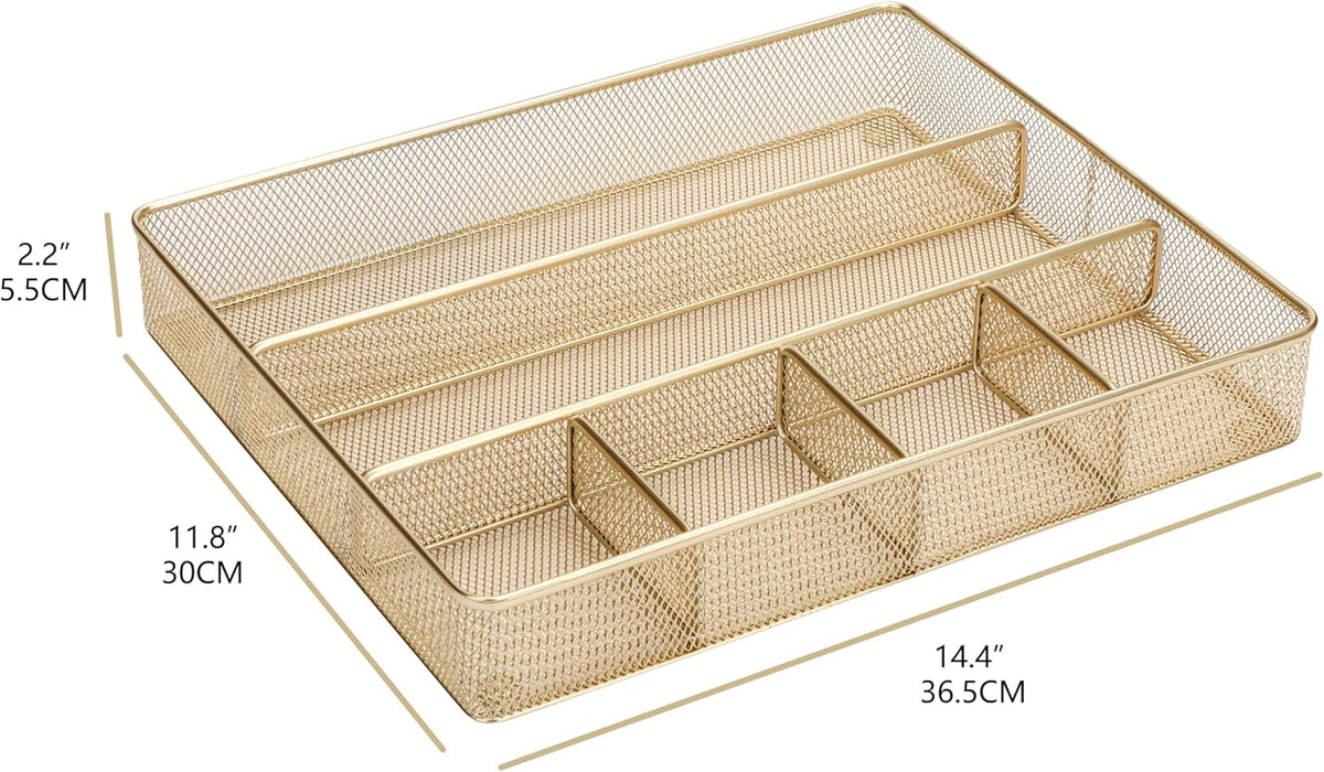 Annova Desk Top Organizer Tray for Office Organization - Metal Mesh - Storage Tray with Dividers for Pens, Desktop Accessories, Bathroom, Kitchen, Makeup and Office Supplies (Large, Gold)