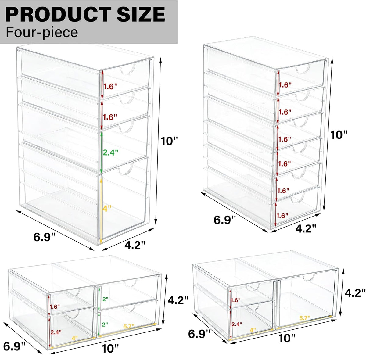 Prsildan Acrylic Drawer Organizer with 17 Drawers, Craft Office Desk Makeup Organizers Accessories, Set of 4 Clear Stackable Storage Drawers for Vanity, Countertop, Jewelry, Art Supply Organization