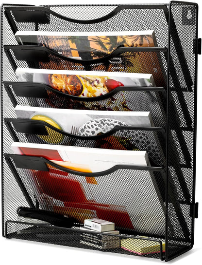 EasyPAG 5-Tier Wall File Holder, Mesh Hanging Folder Organizer with Classify Label, Versatile Desk File Organizer for Office Home, Vertical Wall Mounted Mail Paper Sorter, Easy Assembly, 2 Pack Black