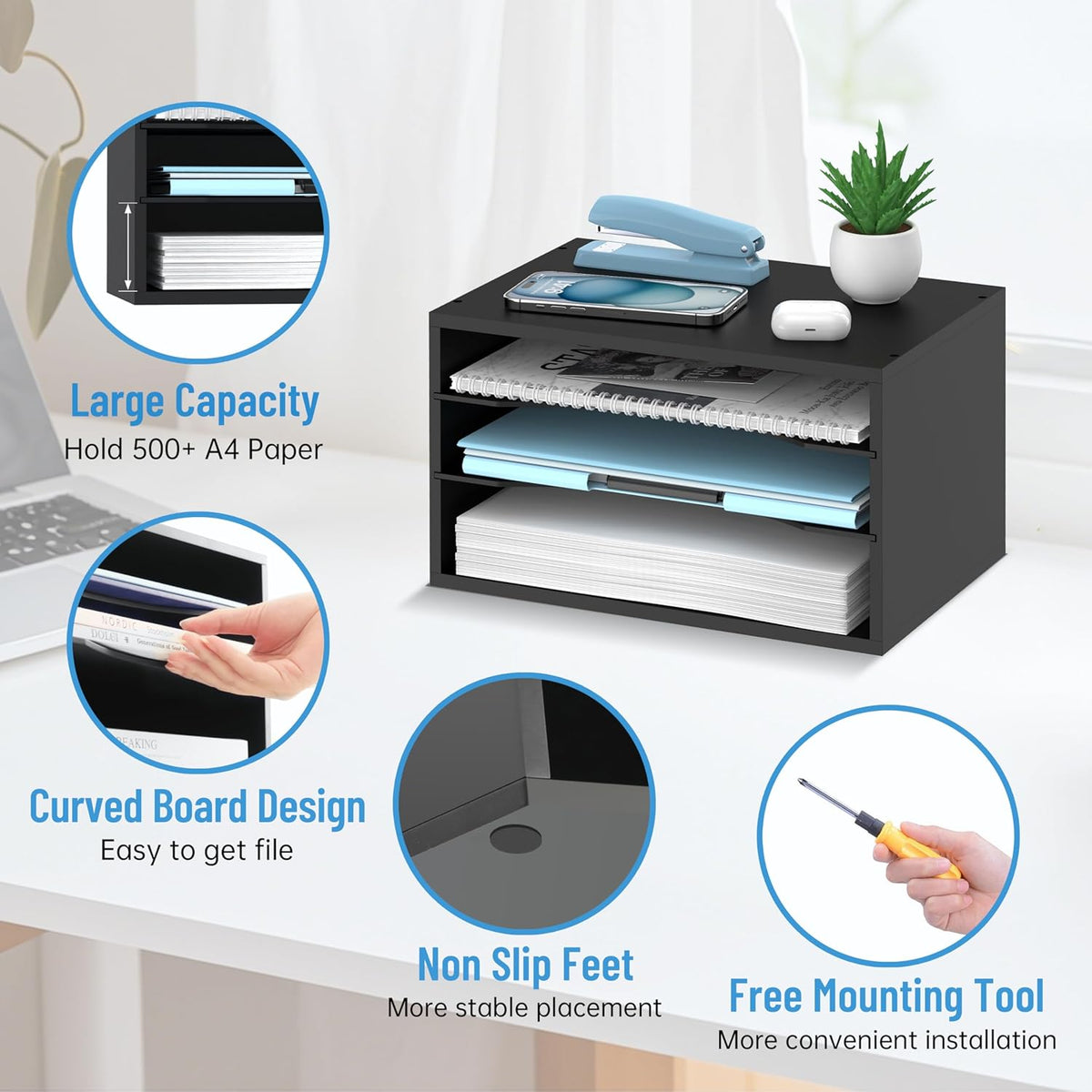 Wood Desk Organizer, 3 Tier Paper Tray Organizer for Desk with Adjustable Storage Shelves, Desktop Paper Sorter Mail Holder for Office Home Classroom, Black