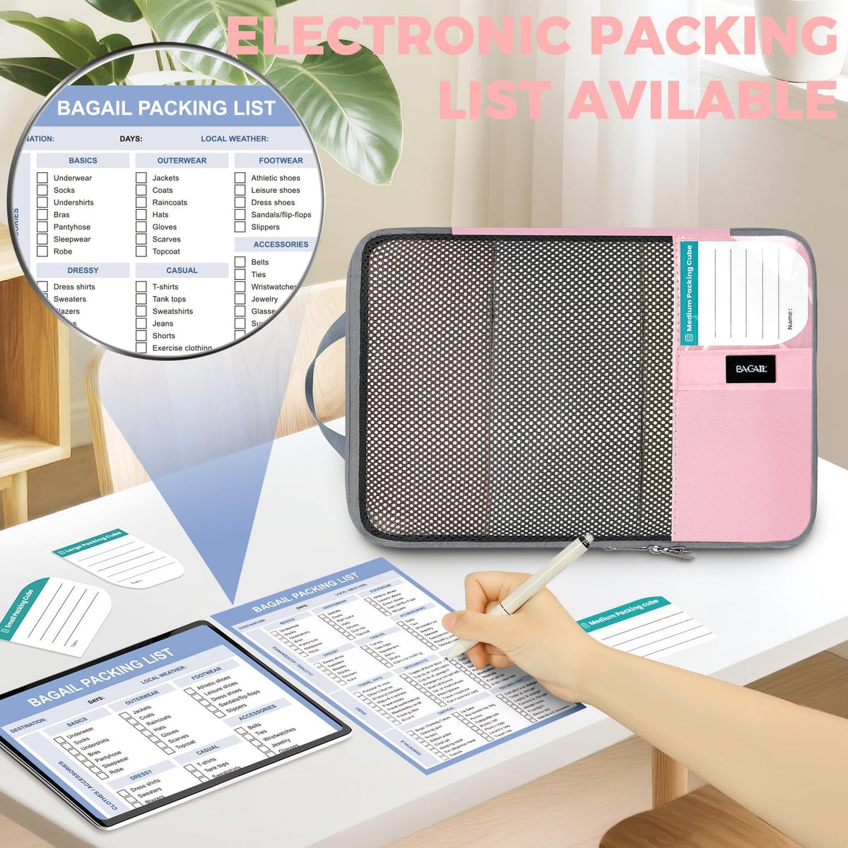 BAGAIL 4/6 Set/8 Set Compression Packing Cubes Travel Accessories Expandable Packing Organizers(HalfMesh, 8-Pink)