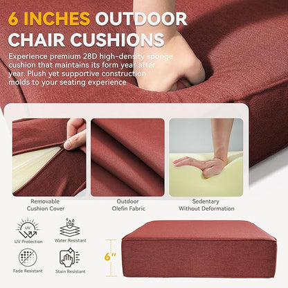 Outdoor Cushion Set for Patio Furniture, UV Resistant, Water Resistant - 6 Inch Thick Dual Layer Back Support Cushions– 24x24 Inch Patio Seat Covers for Chair/Sofa/Couch | Red | 3-Pack |