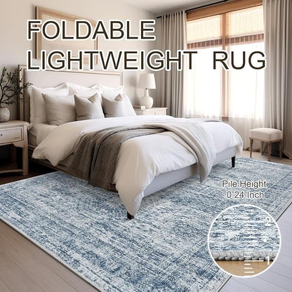 Soalmost Washable Area Rug 8x10, Large Soft Rugs for Living Room Vintage Blue 8x10 Area Rugs for Bedroom Dining Room Non-Slip Stain Resistant Under Table Rug