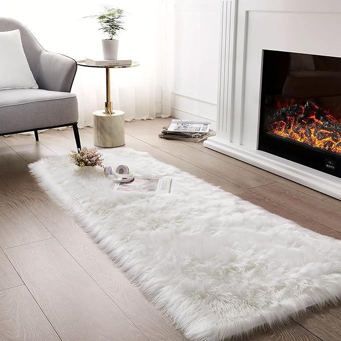 Ciicool Faux Fur Rug for Bedroom, White Fluffy Shag Rugs for Sofa Couch Seat Cushion, Washable Fuzzy Runner Thick Fur Area Rug Floor Carpets for Bedside Living Room, 2x6 Ft Rectangle