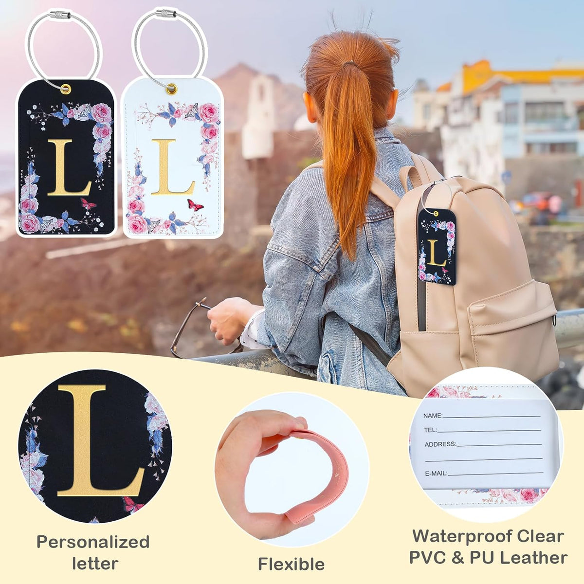 3 Pack Luxury Floral Luggage Tags, Durable PU Leather Suitcase Tags with Stainless Steel Cable Strap, Hidden ID Slot for Privacy Protection, Easy to Identify Waterproof Travel Accessories Gift (L)