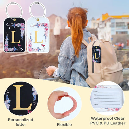 3 Pack Luxury Floral Luggage Tags, Durable PU Leather Suitcase Tags with Stainless Steel Cable Strap, Hidden ID Slot for Privacy Protection, Easy to Identify Waterproof Travel Accessories Gift (L)