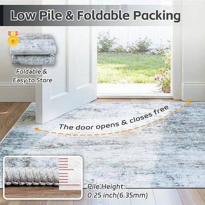 9x12 Area Rugs Washable Rug:Anti-Skid Abstract Modern Living Room Rug Soft Thin Carpets Indoor Floor Non-Shedding Carpet for Bedroom Dining Farmhouse Nursery Home Office(Blue/Grey/Gold/White, 9x12)
