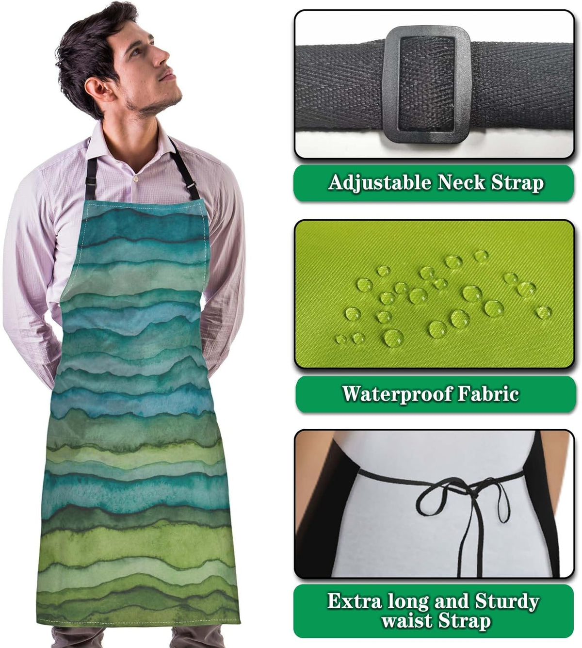 Garden Apron for Women Blue and Green Waves Cute Aprons for Men for Kitchen Cooking Restaurant BBQ Painting Crafting Gardening 27” (W) x 31” (H), Waterproof Apron