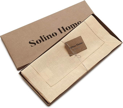 Solino Home Linen Table Runner 36 Inches - 100% Pure Linen Beige Hemstitch Table Runner 14 x 36 Inch Ideal for Dresser and Coffee Tables - Christmas, New Year - Classic Hemstitch