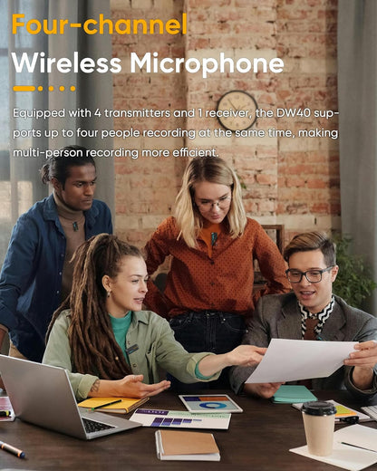 7RYMS iRay DW40 Wireless Lavalier Microphone System with 4 Transmitter, Noise Cancellation, 656ft Range, 12.5H Working, Lapel Mic for iPhone Android Camera PC, Podcast Live Streaming Interview