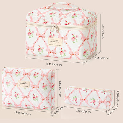HBselect Quilted Makeup Bag, 3PCS Cotton Large Travel Makeup Bag, Cute Floral Coquette Make up Bag Cosmetic Bag Toiletry Bag for Women Girls