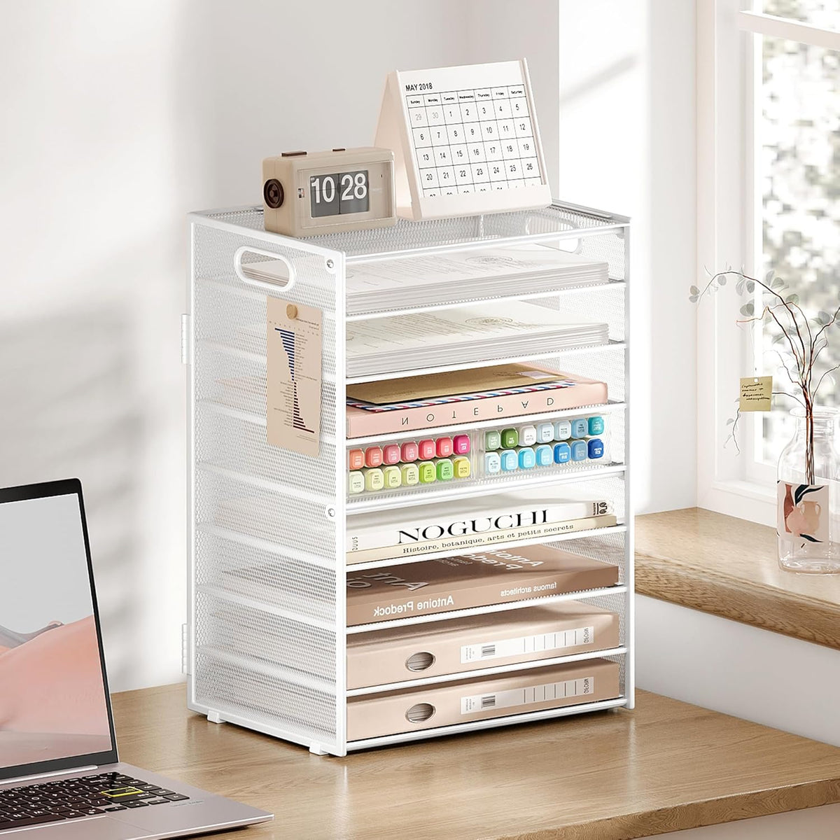 SUBEKYU 9 Tier Paper Letter Tray Desk Organizer with Handles - White Metal Mesh File Holder Paper Sorter Desk Organizer for Office Home School, Include 6 Pcs Adjustable Slid Tray, 6 Colors Available