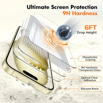 UNBREAKcable 2-Pack Screen Protector for iPhone 16 / iPhone 15, Double Shatterproof Tempered Glass [Easy Installation] [9H Hardness] [99.99% HD Clear] [Case Friendly] for iPhone 6.1 inch