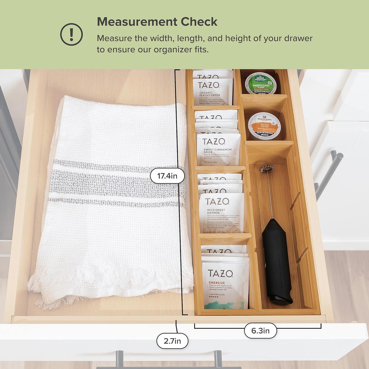 Premium Tea Bags and Coffee Pods Drawer Organizer – Small 9-Compartment Design with Removable Wall Inserts, Non-Slip Feet, 100% Sustainable Bamboo