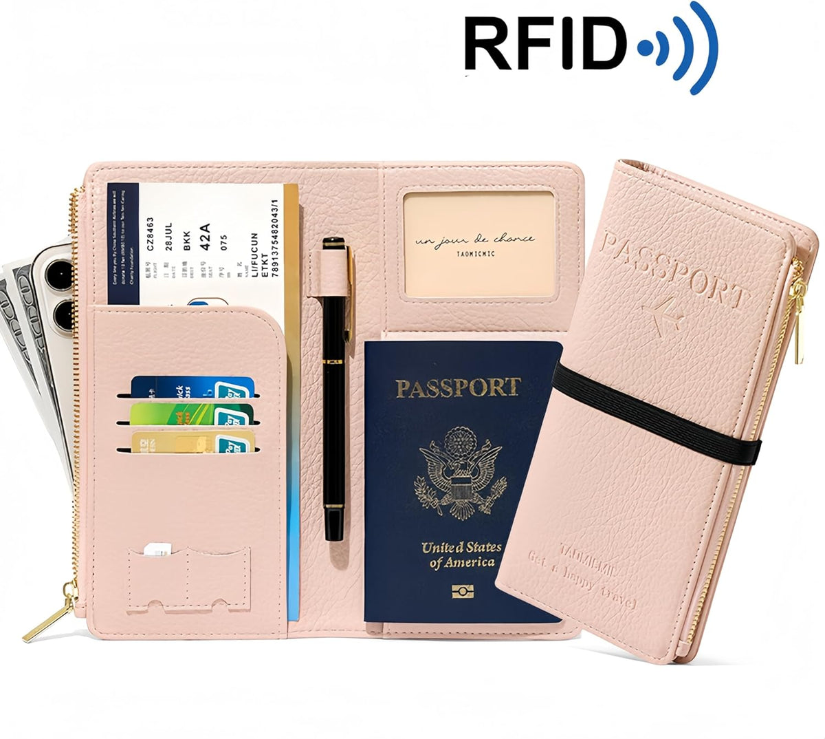 RFID-Blocking Leather Travel Wallet & Passport Holder with Zipper Pocket, Card Slots, and Phone Compartment – Waterproof Travel Organizer for Women & Men. TG-1 (Red)