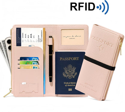 RFID-Blocking Leather Travel Wallet & Passport Holder with Zipper Pocket, Card Slots, and Phone Compartment – Waterproof Travel Organizer for Women & Men. TG-1 (Red)