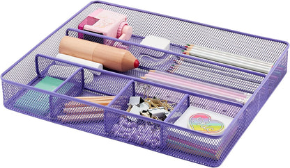 Annova Desk Top Organizer Tray for Office Organization - Metal Mesh - Storage Tray with Dividers for Pens, Desktop Accessories, Bathroom, Kitchen, Makeup and Office Supplies (Large, Purple)
