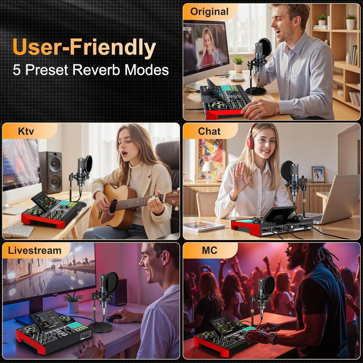 Podcast Equipment Bundle with Live Sound Card Audio Mixer, 3.5mm Condenser Microphone for PC/Phone Streaming and Singing, Podcast Microphone Bundle with Voice Changer sound board