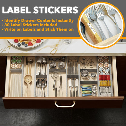 SpaceAid Bamboo Drawer Dividers with Inserts and Labels, Kitchen Adjustable Drawer Organizers, Expandable Organization for Home, Office, Dressers, 7 Dividers with 15 Inserts (17"-22" Gray)