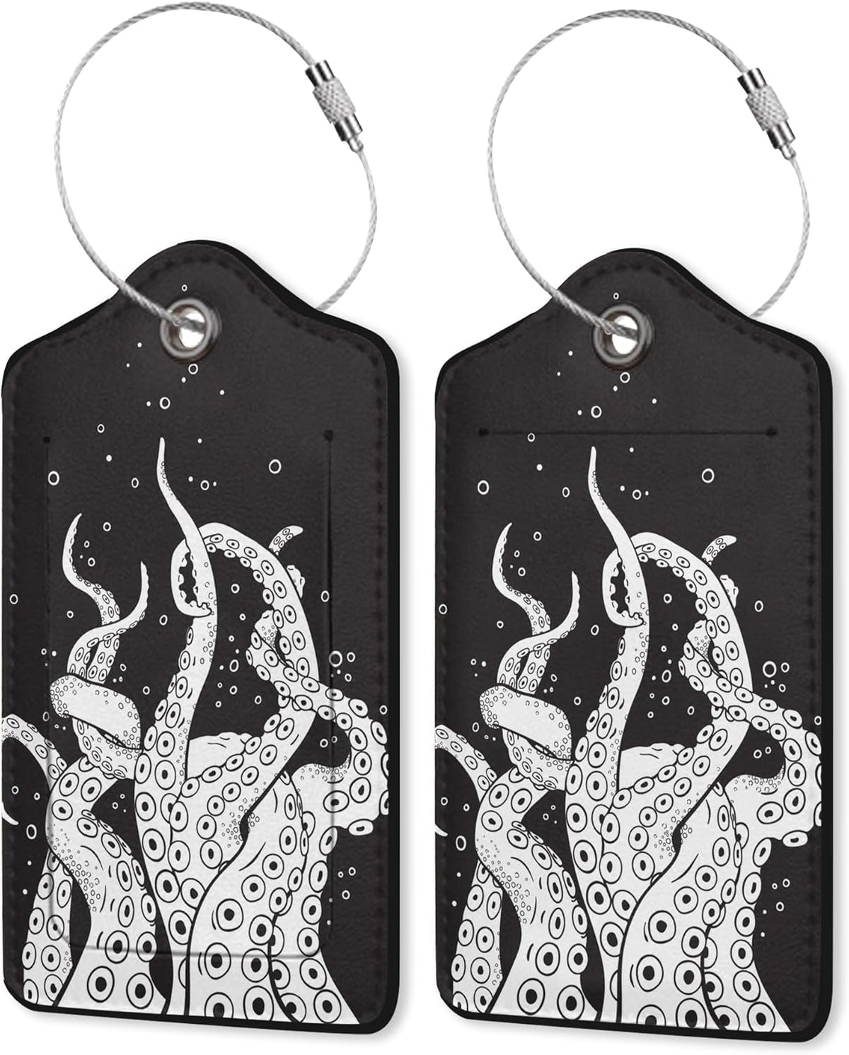 2 Pack Leather Luggage Tag for Suitcase Black Octopus Unique Travel Tags with Privacy Cover ID Label & Stainless Steel Loop for Men and Women Baggage