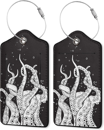 2 Pack Leather Luggage Tag for Suitcase Black Octopus Unique Travel Tags with Privacy Cover ID Label & Stainless Steel Loop for Men and Women Baggage