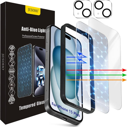 Screen Protector for iPhone 15 Plus [6.7 Inch],2 pcs Colorless Anti-Blue Light Tempered Glass Films, HD Clear, 9H Hardness, No Bubbles, Case Friendly with 2 pcs Camera Lens Protector