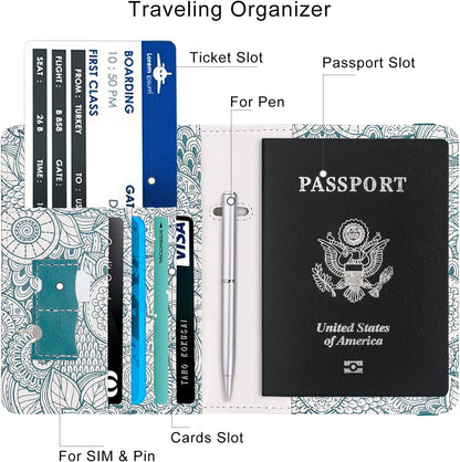 WALNEW Passport Holder for Travel, RFID Passport Cover Wallet for Women Men, PU Leather Passport Book Card Holder Case with Pen, Travelling Essentials for Flying