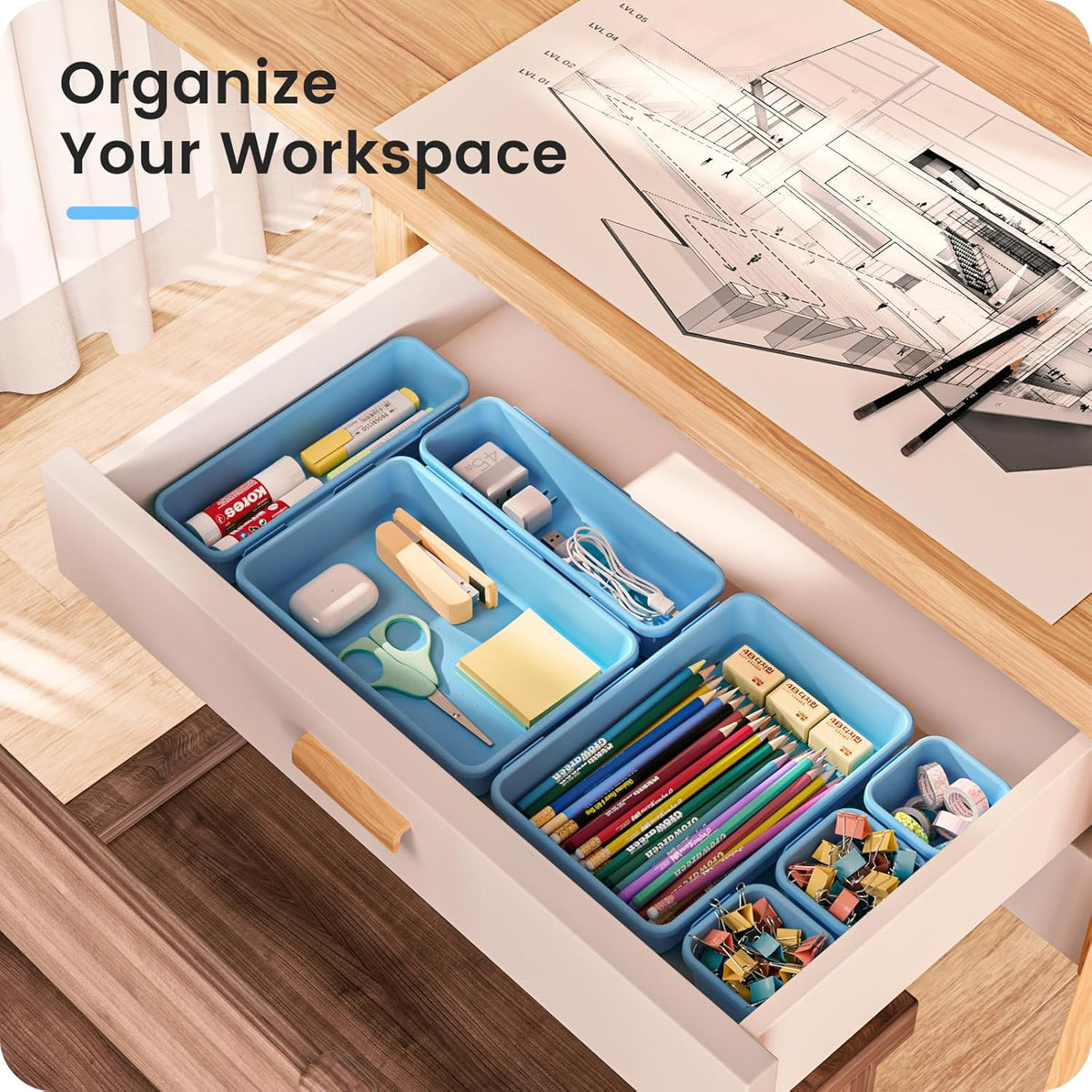 A-LuGei 【𝟮𝟮𝗣𝗖𝗦】 Plastic Sky Blue Desk Drawer Organizer, Bathroom Organizers and Storage, Makeup Organizer, Organization and Storage Bin Container for Vanity Office Utensils Tool Pantry Cosmetic