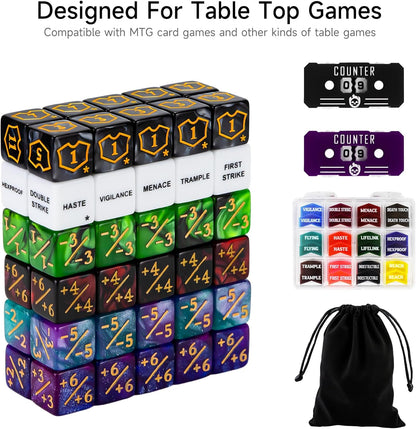 SIXPOINTS 122Pcs MTG Dice Counters Keyword Counters Life Counter 1/+1 counters Commander Buff Tokens 6 Sided Dice Set for Magic The Gathering, MTG, TCG, Card Games Accessories (B-122PCS/SET)