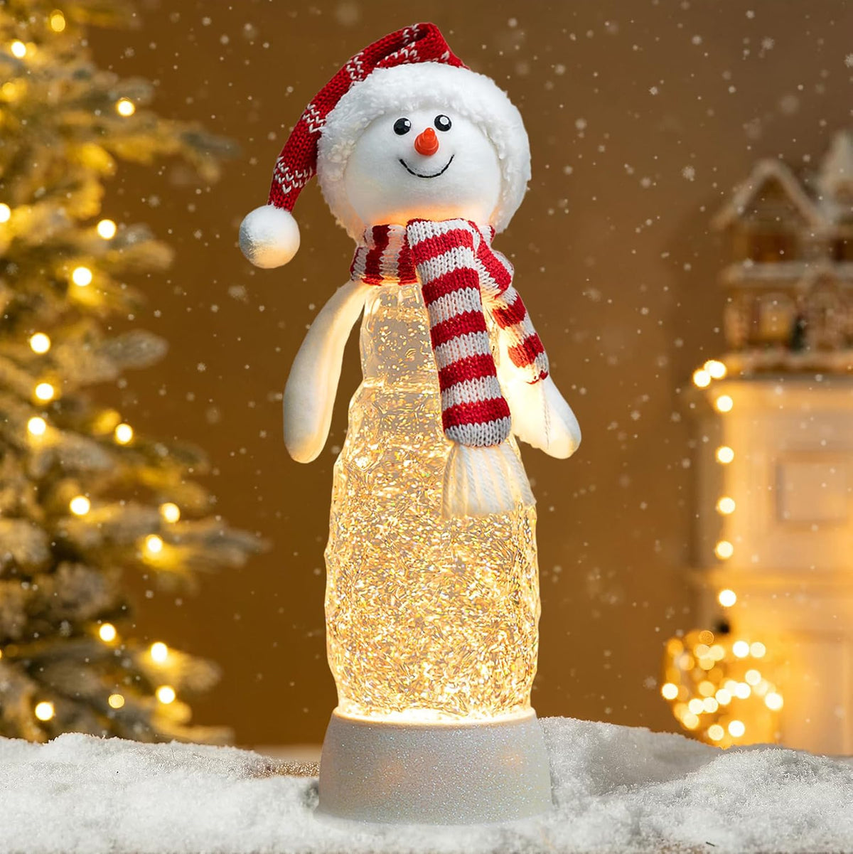 Christmas Snowman Decorations, Colorful LED Lighted Snowman Plush Swirling Glitter Musical Christmas Snow Globe, Christmas Water Lantern Ornaments for Festival Decoration Gifts