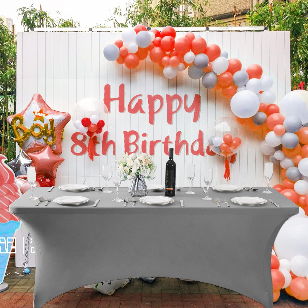 SuperO Waterproof Spandex Table Cover for 6FT Table Universal Fitted Stretch Tablecloth for Party, Banquet, Wedding and Events-Gray