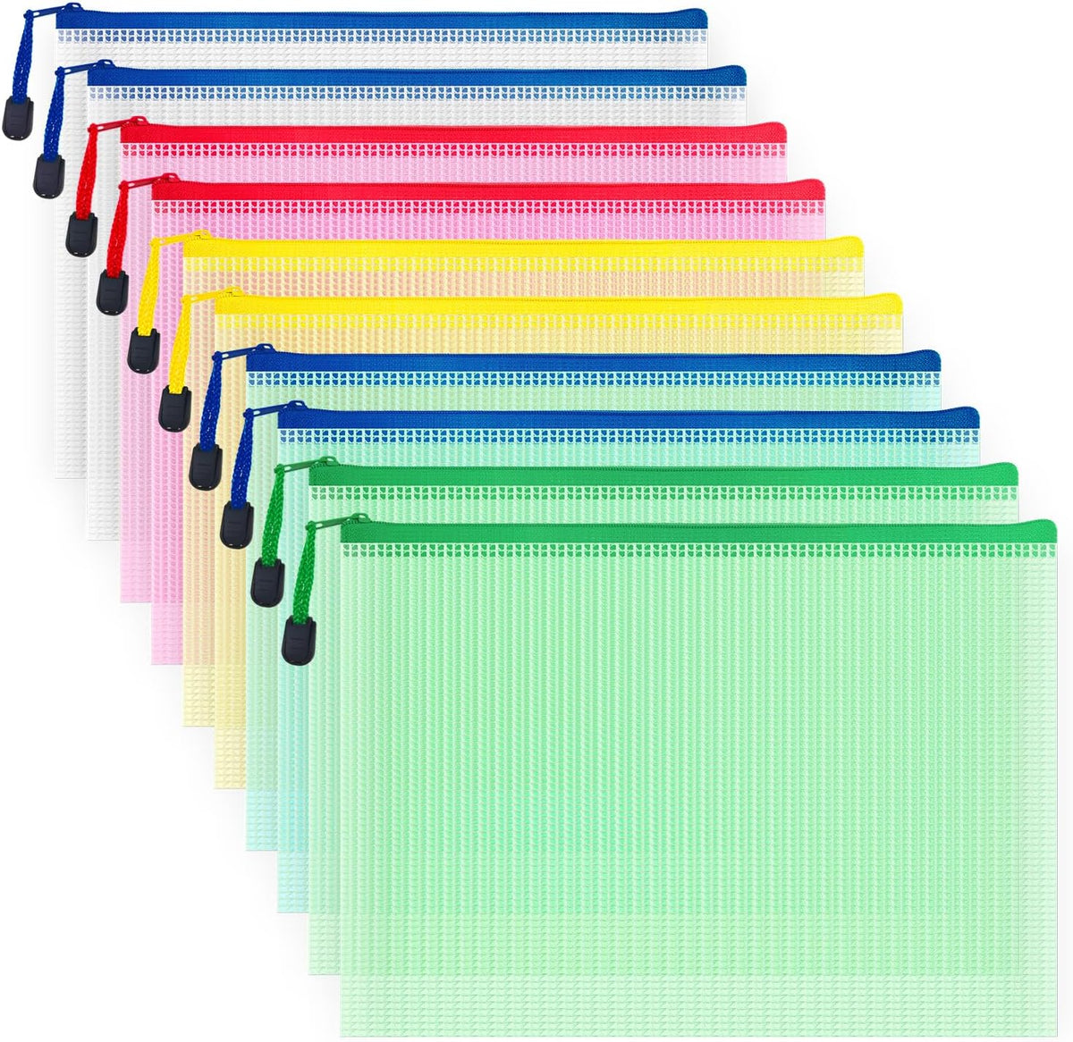 AUSTARK 10 Pcs Zipper File Bags, Waterproof Plastic Mesh Pouch for Office School, Board Game Storage Bags (B5 Size 11.4''x8.2'', Multicolored)