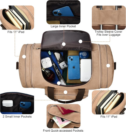 Litvyak Duffle Bag for Travel, 50L Canvas Travel Duffel Bags Overnight Weekend Gym Carry On Luggage Bag for Men & Women(Coffee)