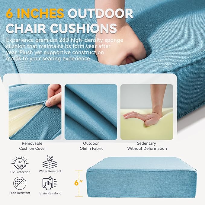 Outdoor Cushion Set for Furniture Patio Furniture, UV Resistant, Water Resistant - 6 Inch Thick Foam Garden Cushions– 24x24 Inch Patio Seat Covers for Chair/Sofa/Couch | Light Blue | 5-Pack |