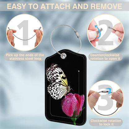 2 Pack Luggage Tags for Suitcases Butterfly on Pink Rose Leather Luggage Tags Privacy Cover ID Label with Stainless Steel Loop and Address Card for Women Men Travel Bag Backpack