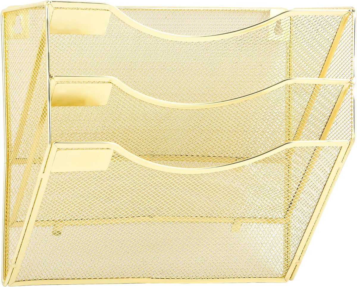 EASEPRES 3 Pocket Mesh Hanging Wall File Organizer, Wall Mounted Mail Paper Document Folder Holder, Clipboard Storage Organization Magazine Rack with Nametag Label for Office Home School, Gold
