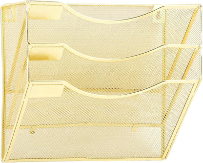 EASEPRES 3 Pocket Mesh Hanging Wall File Organizer, Wall Mounted Mail Paper Document Folder Holder, Clipboard Storage Organization Magazine Rack with Nametag Label for Office Home School, Gold