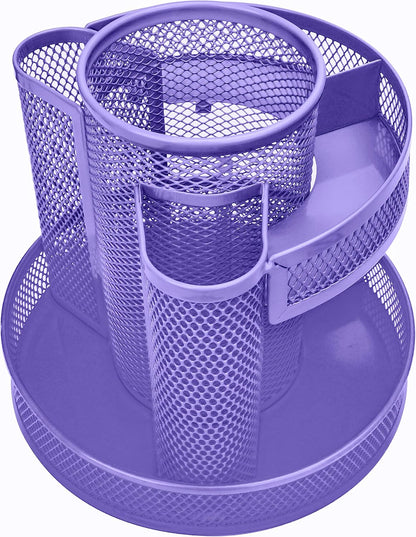 Annova Mesh Desk Organizer Rotate with 5 Compartments Round Spinning Tidy Candy/Pen Holder Desk Accessories Office, Art Supply, Storage, Classroom, Home (Purple)