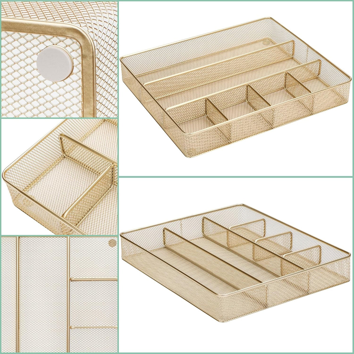 Annova Desk Top Organizer Tray for Office Organization - Metal Mesh - Storage Tray with Dividers for Pens, Desktop Accessories, Bathroom, Kitchen, Makeup and Office Supplies (Large, Gold)
