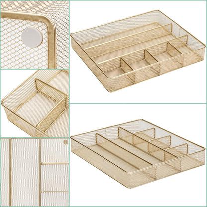 Annova Desk Top Organizer Tray for Office Organization - Metal Mesh - Storage Tray with Dividers for Pens, Desktop Accessories, Bathroom, Kitchen, Makeup and Office Supplies (Large, Gold)