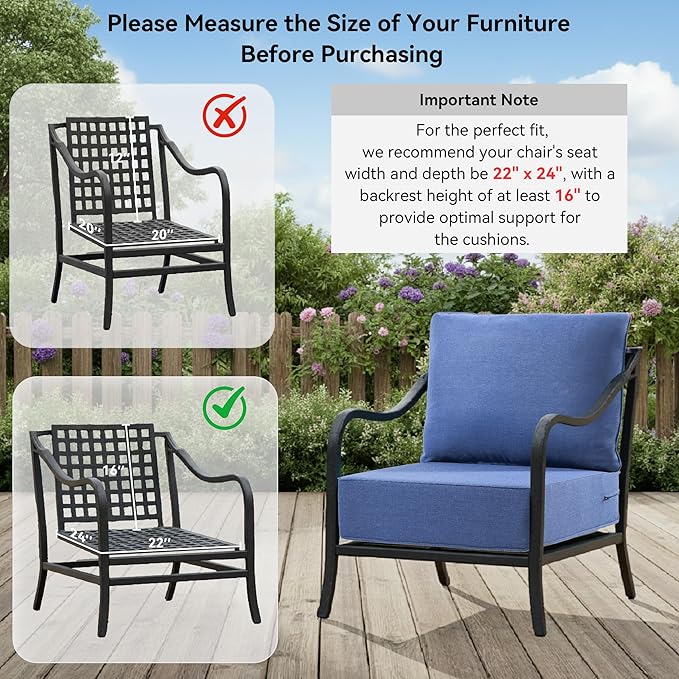 6" Thick Outdoor Cushions 22x24x6, 3-Set Deep Seat Patio Cushions with Removable Cover, Waterproof & Fade Resistant Replacement for Wicker Chair, Loveseat, Sofa - Blue