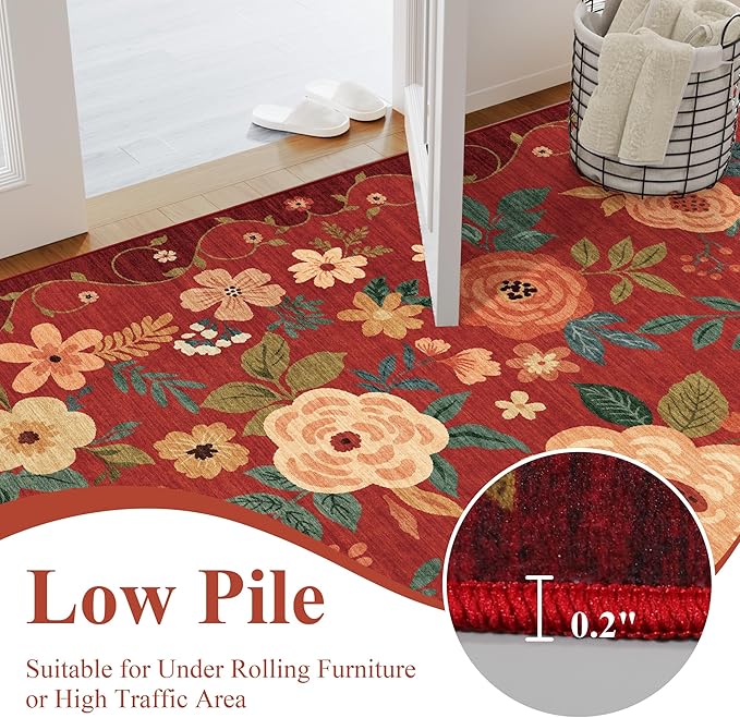 DUKINO 8x10 Area Rug, Floral Rugs for Living Room, Lightweight Non Slip Washable Rug, Indoor Low Pile & Non-Shedding Boho Design Rugs for Bedroom, Living Room, Dining Room, Red