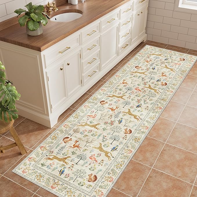 DUKINO 2.6x8 Rug for Hallway, Washable Kitchen Runner Rug with Non Slip Backing, Soft Low Pile Vintage Animal Runner for Bedroom, Kitchen, Hallway, Entryway, Laundry, Beige