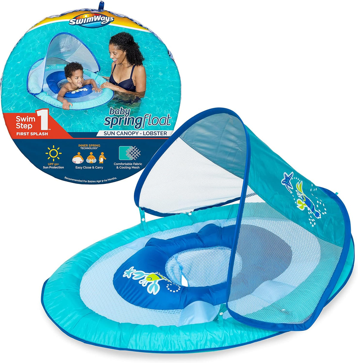 SwimWays Baby Spring Float with Adjustable Canopy and UPF Sun Protection for 9-24 Months