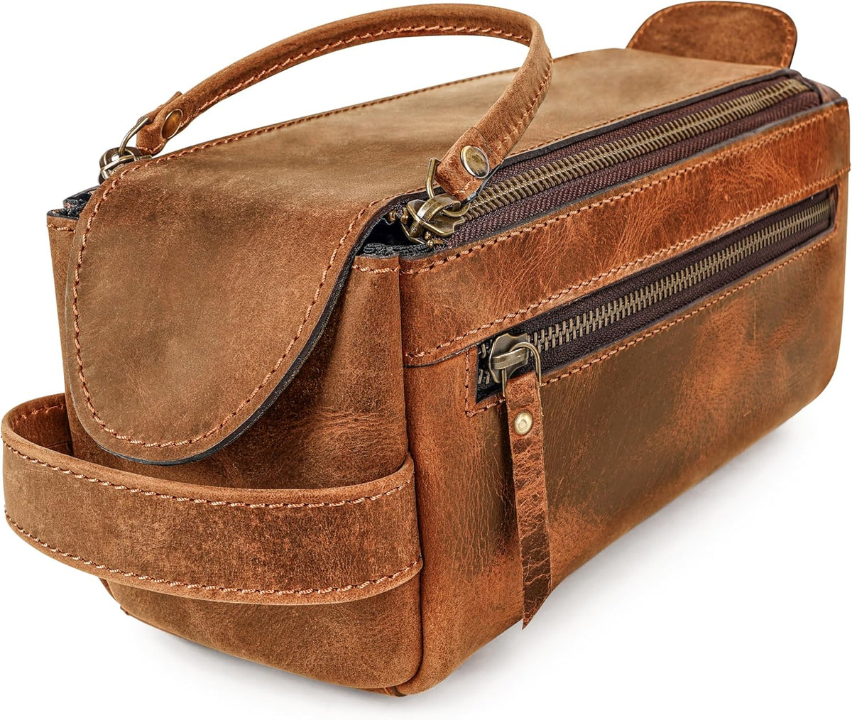 LUXEORIA Genuine Leather Toiletry Bags for Men and Women, Handmade Premium Leather Dopp Kit and Shaving Bag, Cosmetic Bag for Womens and Mens, Travel Essentials & Organizers