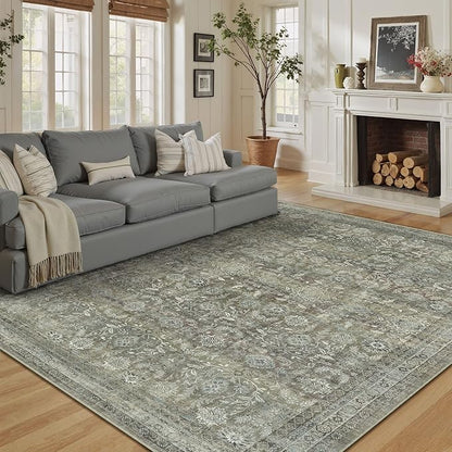 5x7 Washable Neutral Area Rug for Living Room Floral Non Slip Low Pile Throw Rug Vintage Traditional Stain Resistant Carpet Bedroom Kitchen Playroom Office Dining Room
