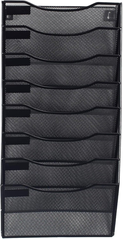 8 Section Hanging Files Wall Mounted Metal Mesh Document Organizer Magazine Holder Rack Multipurpose Use to Display Files, Magazines, Newspapers - Black