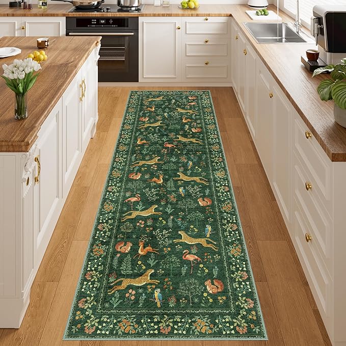 DUKINO 2x6 Rug for Hallway, Washable Kitchen Runner Rug with Non Slip Backing, Soft Low Pile Vintage Animal Runner for Bedroom, Kitchen, Hallway, Entryway, Laundry, Green